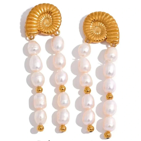Freshwater Pearl 18K Gold Stainless Steel Waterproof Tassel Shell Earrings - Picture 5 of 15